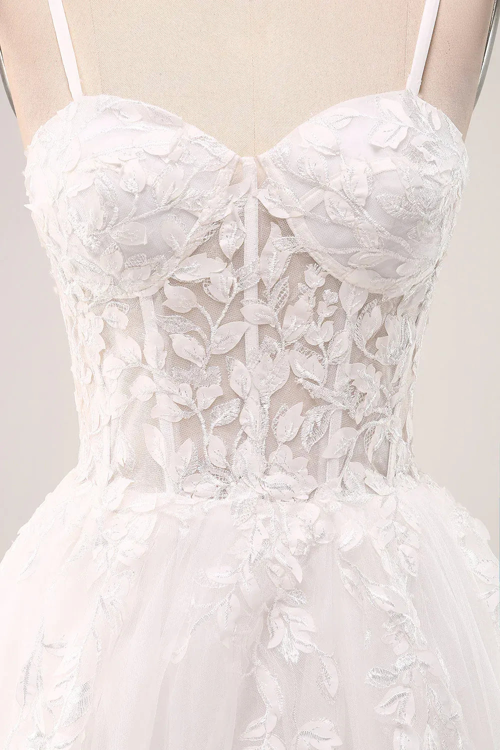 Sweetheart Neck Lace Tulle A-Line Wedding Dress with Slit and Corset Back - Romantic Bridal Gown