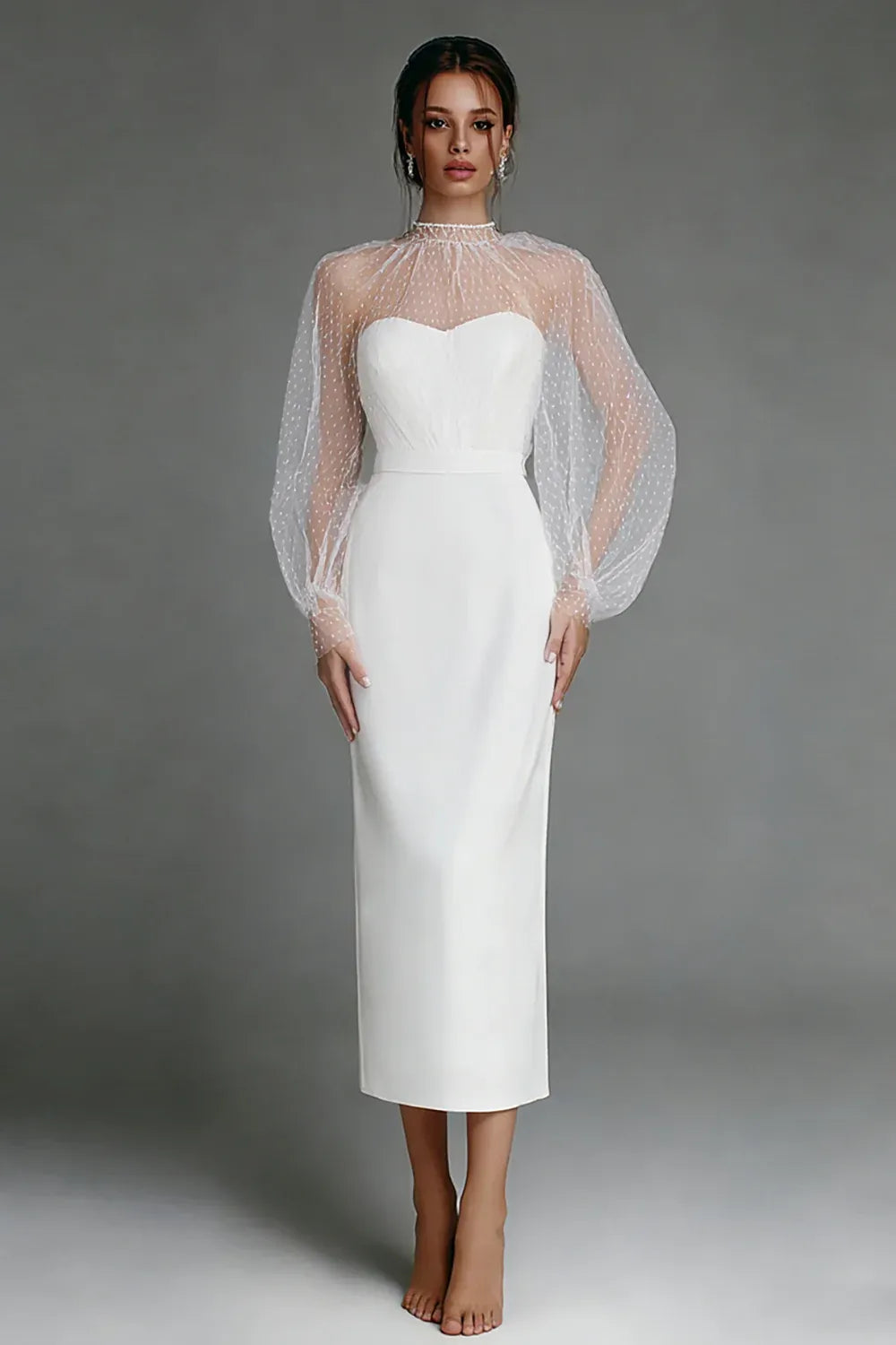 Sweetheart Neck Polka Dot Tulle Sleeve Midi Wedding Dress