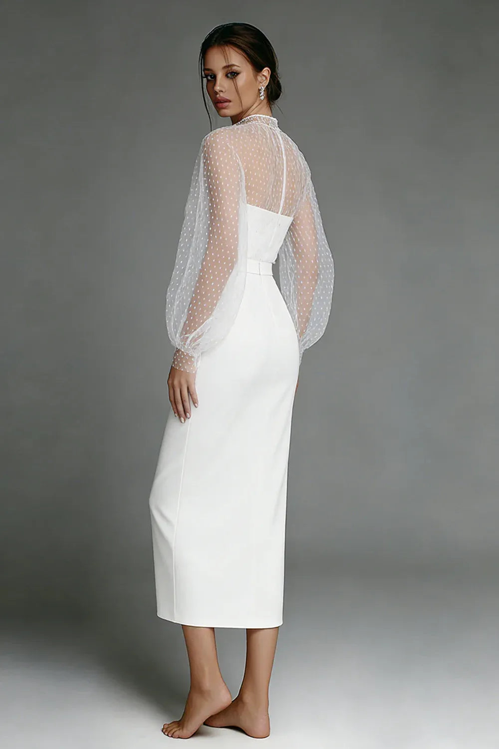 Sweetheart Neck Polka Dot Tulle Sleeve Midi Wedding Dress