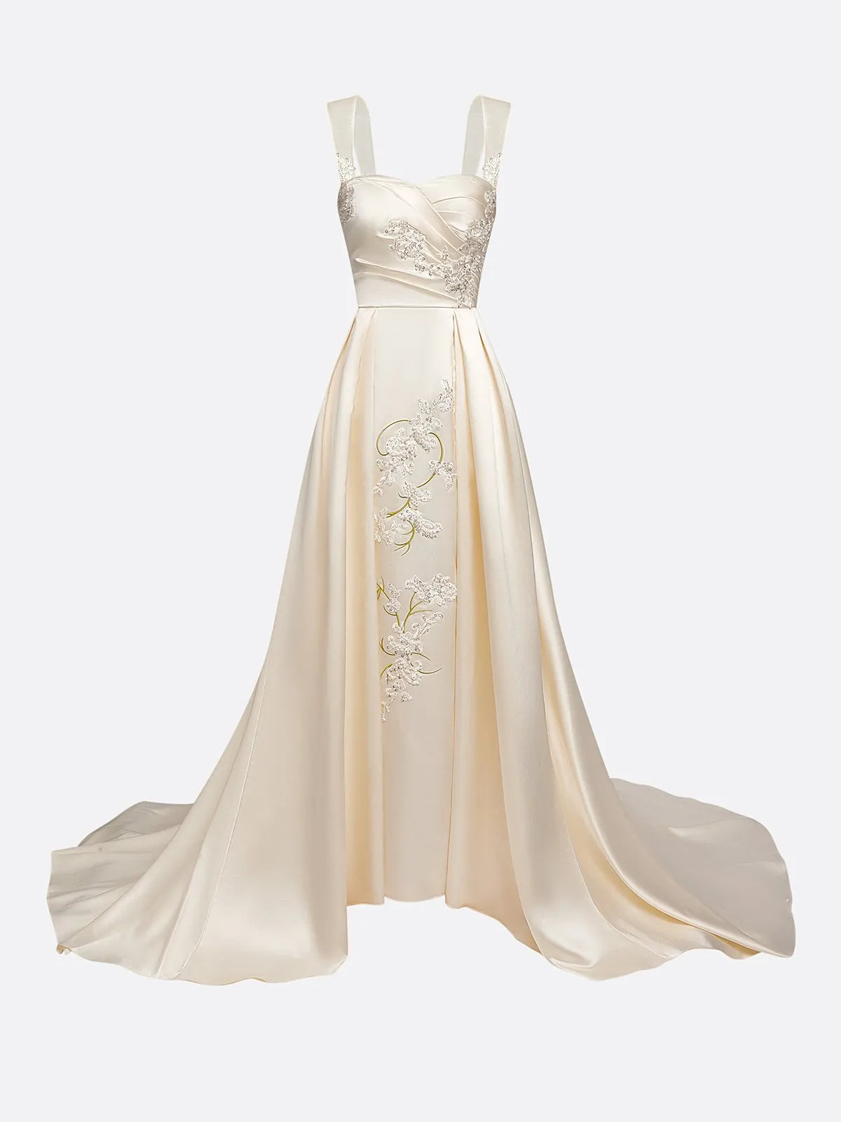 Sweetheart Neck Satin Ball Gown Wedding Dress with Illusion Straps & Slit - Luxury Bridal Gown