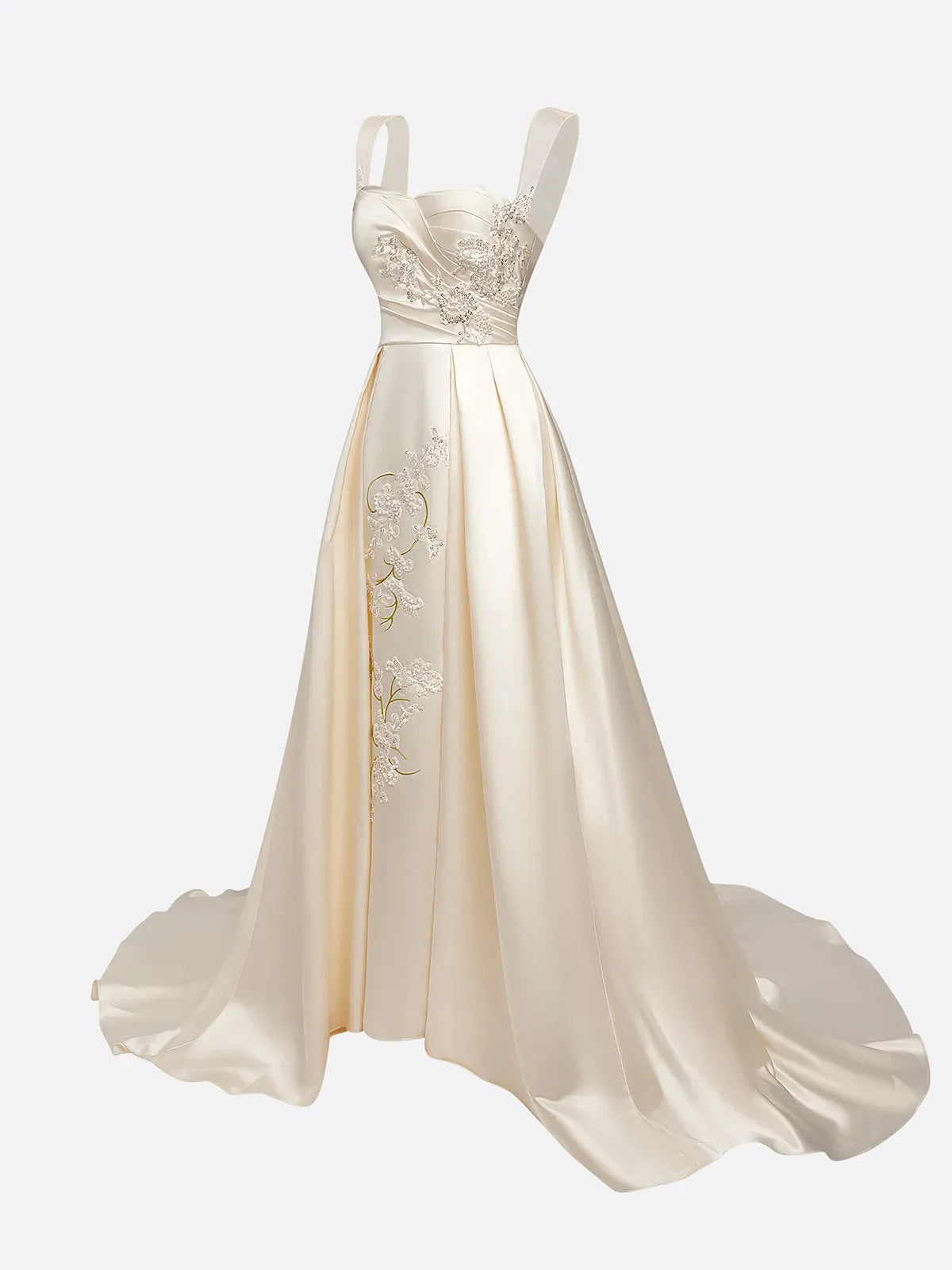 Sweetheart Neck Satin Ball Gown Wedding Dress with Illusion Straps & Slit - Luxury Bridal Gown