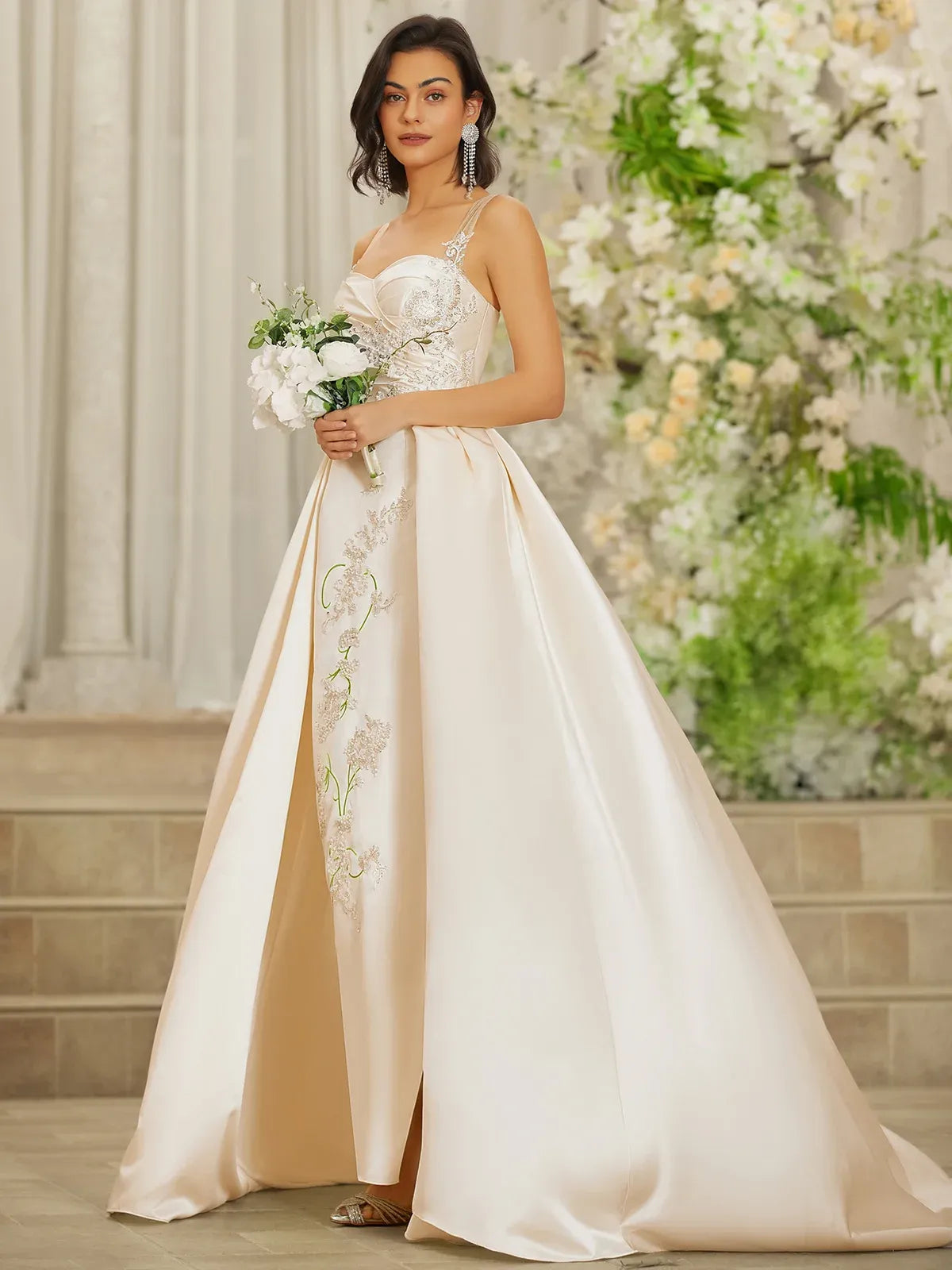 Sweetheart Neck Satin Ball Gown Wedding Dress with Illusion Straps & Slit - Luxury Bridal Gown