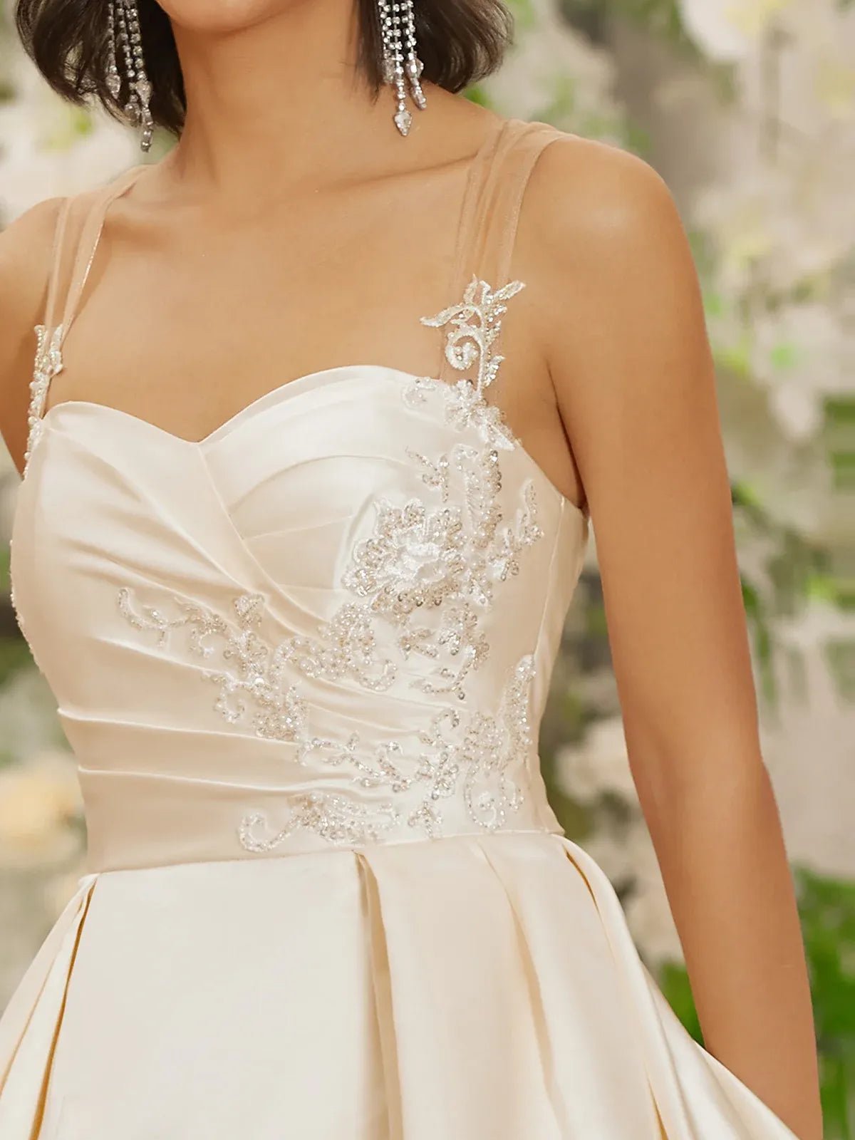 Sweetheart Neck Satin Ball Gown Wedding Dress with Illusion Straps & Slit - Luxury Bridal Gown