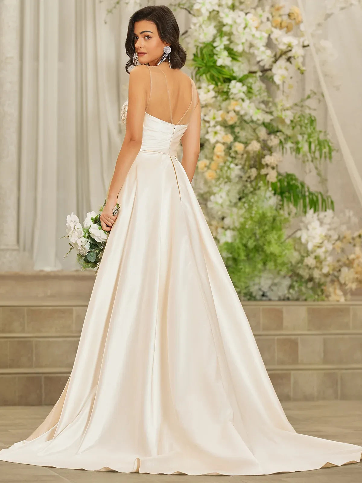 Sweetheart Neck Satin Ball Gown Wedding Dress with Illusion Straps & Slit - Luxury Bridal Gown