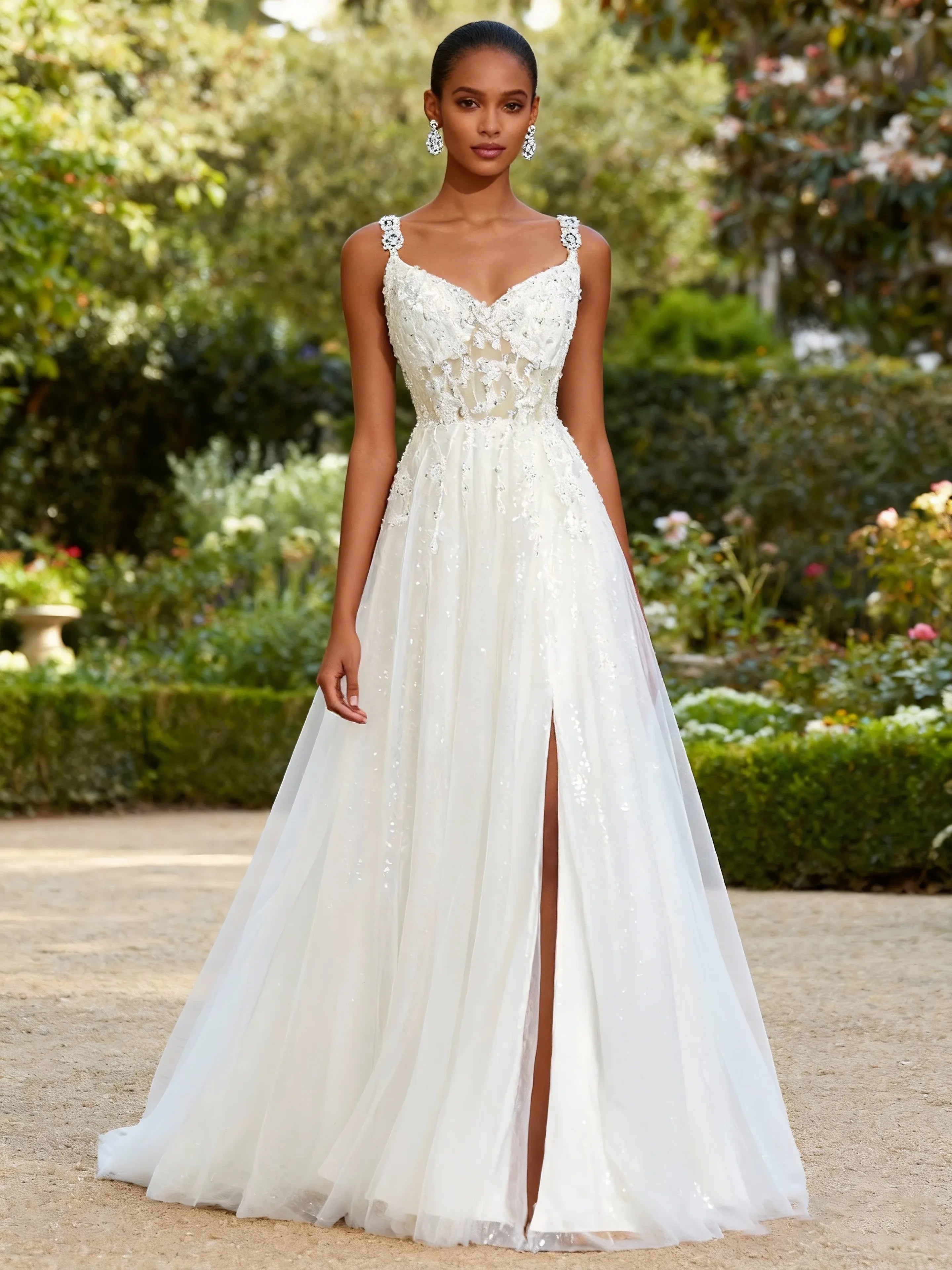 Sweetheart Neckline Beaded Lace A-Line Wedding Dress with Slit - Romantic Garden Bridal Gown
