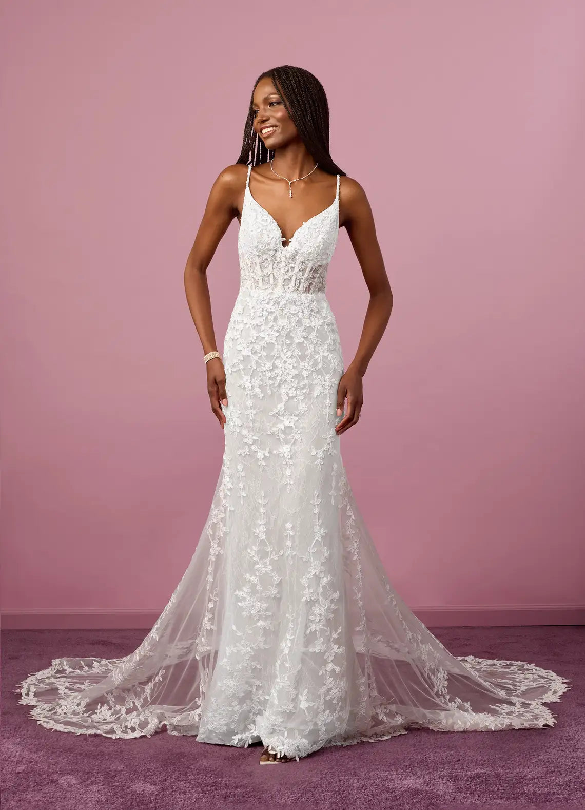 Sweetheart neckline with spaghetti straps Floral Lace Mermaid Wedding Dress with Corset Bodice and Sheer Train