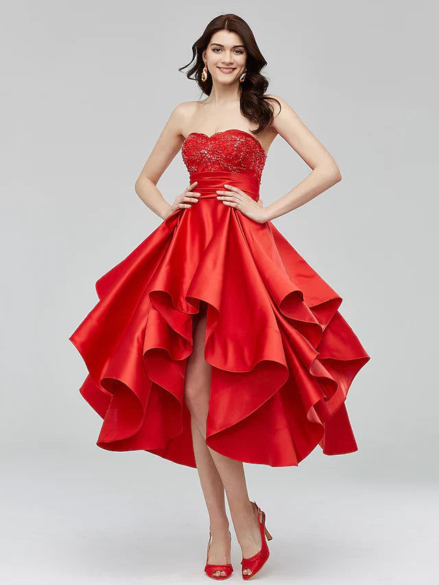 DingjiA-Line Fit & Flare Open Back Homecoming Cocktail Party Prom Dress Sweetheart Neckline Sleeveless Asymmetrical Satin with Beading Appliques