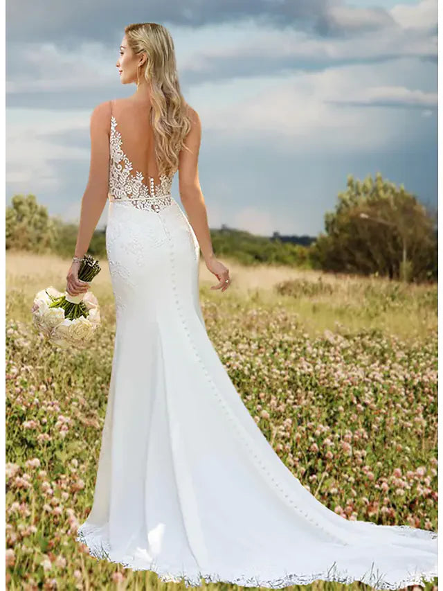 DingjiWedding Dresses V Neck Lace Charmeuse Regular Straps Sexy Backless with Draping Appliques