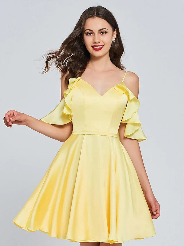 DingjiA-Line Minimalist Sexy Engagement Cocktail Party Dress V Neck Sleeveless Knee Length Satin with Pleats