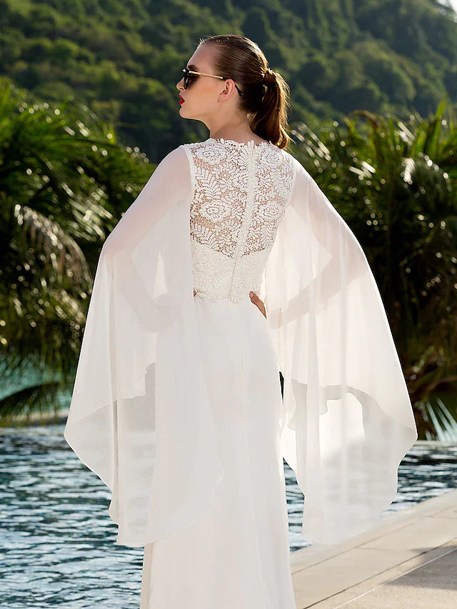 DingjiWedding Dresses Jewel NeckLace Georgette Long Sleeve Beach Illusion Detail Backless with Lace