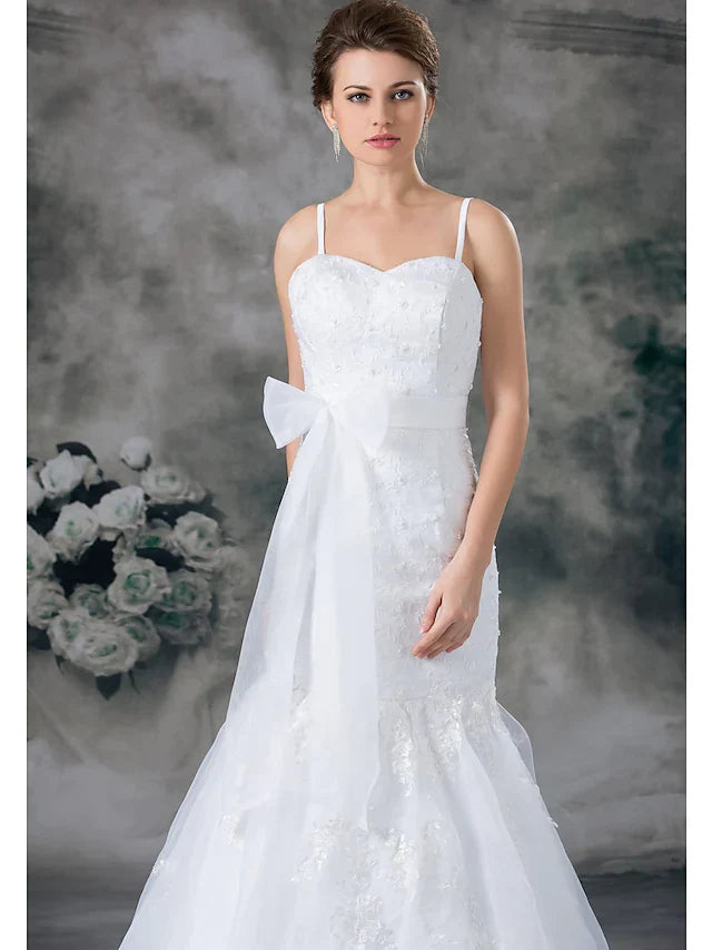 DingjiWedding Dresses Sweetheart Neckline Chapel Train Lace Organza Satin Spaghetti Strap with Sashes Ribbons Bow(s) Beading