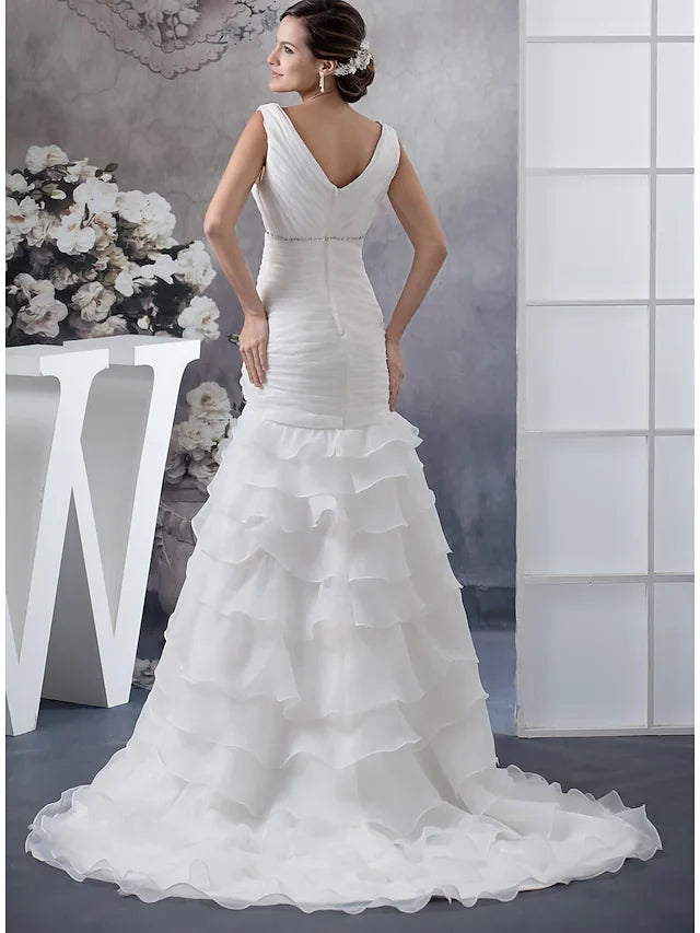 DingjiWedding Dresses V Neck Chapel Train Organza Regular Straps with Ruched Beading Cascading Ruffles