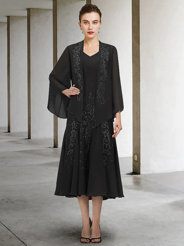 Two Piece A-Line Mother of the Bride Dress Elegant V Neck Tea Length Chiffon Long Sleeve with Beading