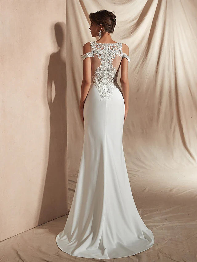 DingjiMermaid Trumpet Wedding Dresses V Neck Asymmetrical Matte Satin Short Sleeve Casual Sexy Illusion Detail Modern with Appliques