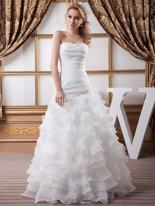 DingjiA-Line Wedding Dresses Strapless Floor Length Organza Satin Strapless with Ruched Cascading Ruffles