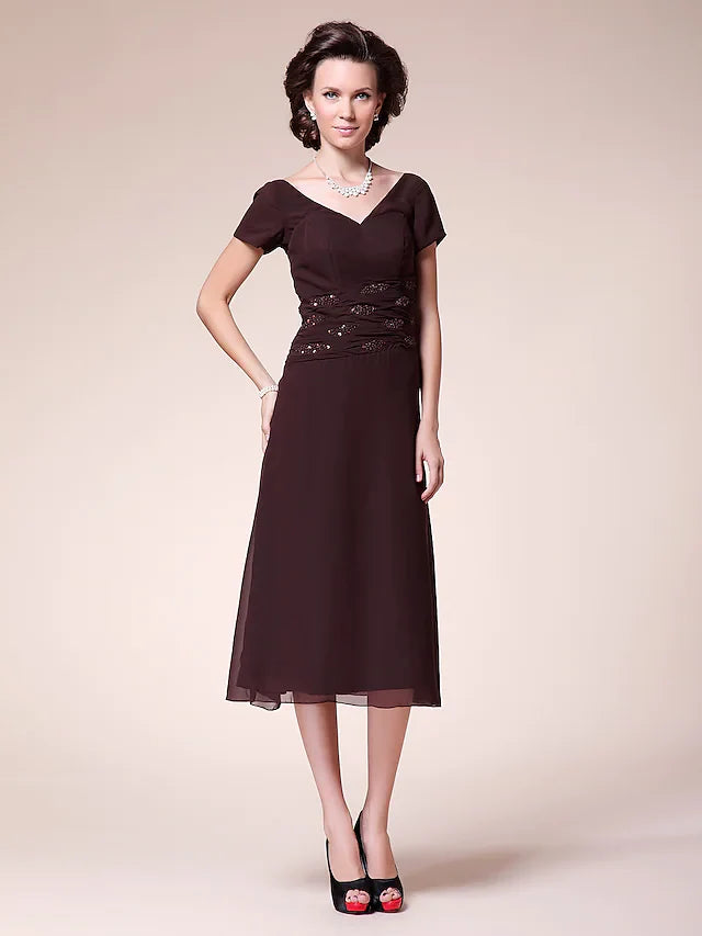 DingjiBall Gown Cocktail Party Wedding Party Dress V Neck Short Sleeve Tea Length Chiffon with Ruched Beading
