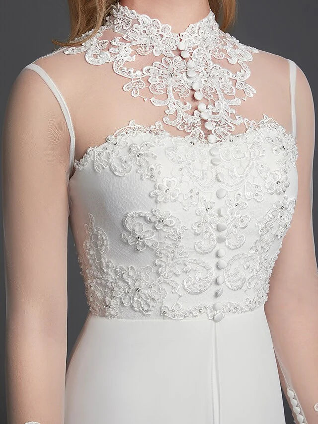 DingjiA-Line Wedding Dresses High Neck Court Train Chiffon Lace Long Sleeve Vintage Plus Size Backless with Lace Buttons