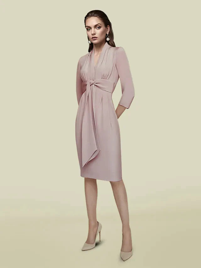 Mother of the Bride Dress Elegant V Neck Knee Length Charmeuse Length Sleeve with Sash Ribbon Pleats