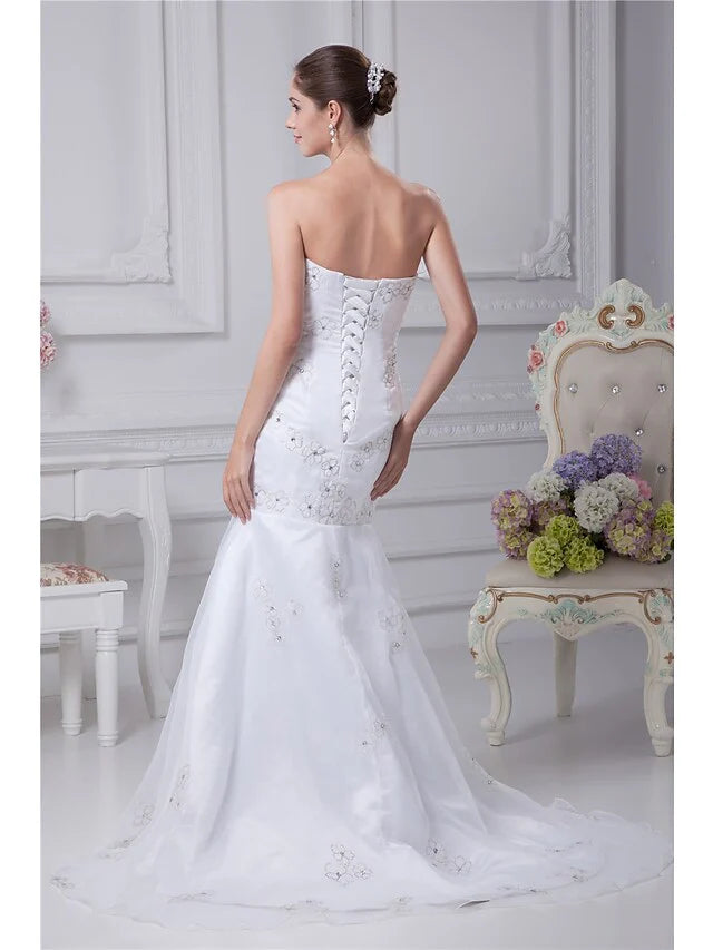 DingjiWedding Dresses Strapless Chapel Train Organza Satin Strapless with Beading Embroidery