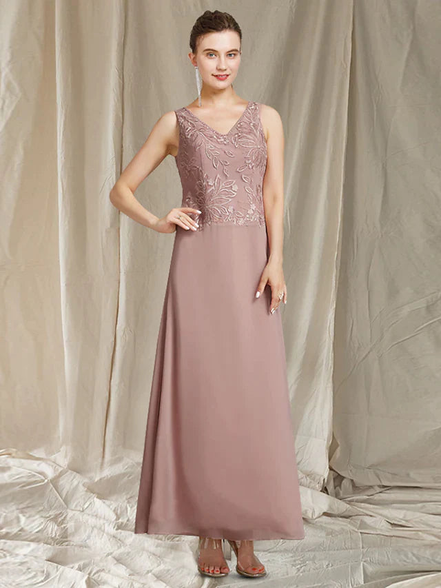 Mother of the Bride Dress Elegant Wrap Included V Neck Ankle Length Chiffon Lace Sleeveless with Beading Appliques