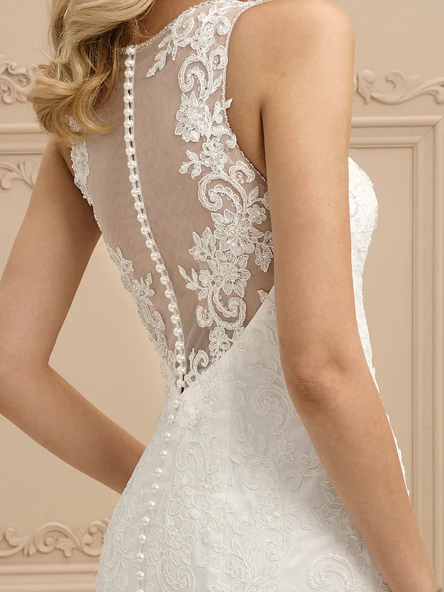Dingji Wedding Dresses Bateau Neck All Over Lace Regular Straps Sexy Illusion Detail Backless with Beading Appliques