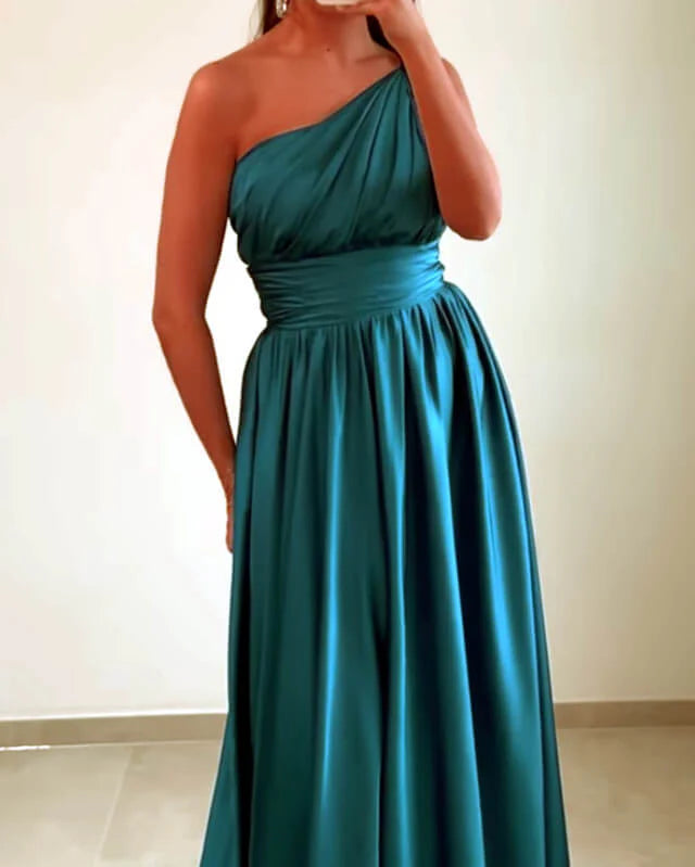 Teal Satin One Shoulder Evening Dresses