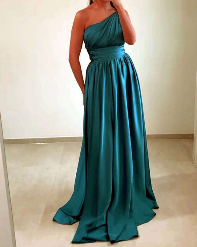 Teal Satin One Shoulder Evening Dresses