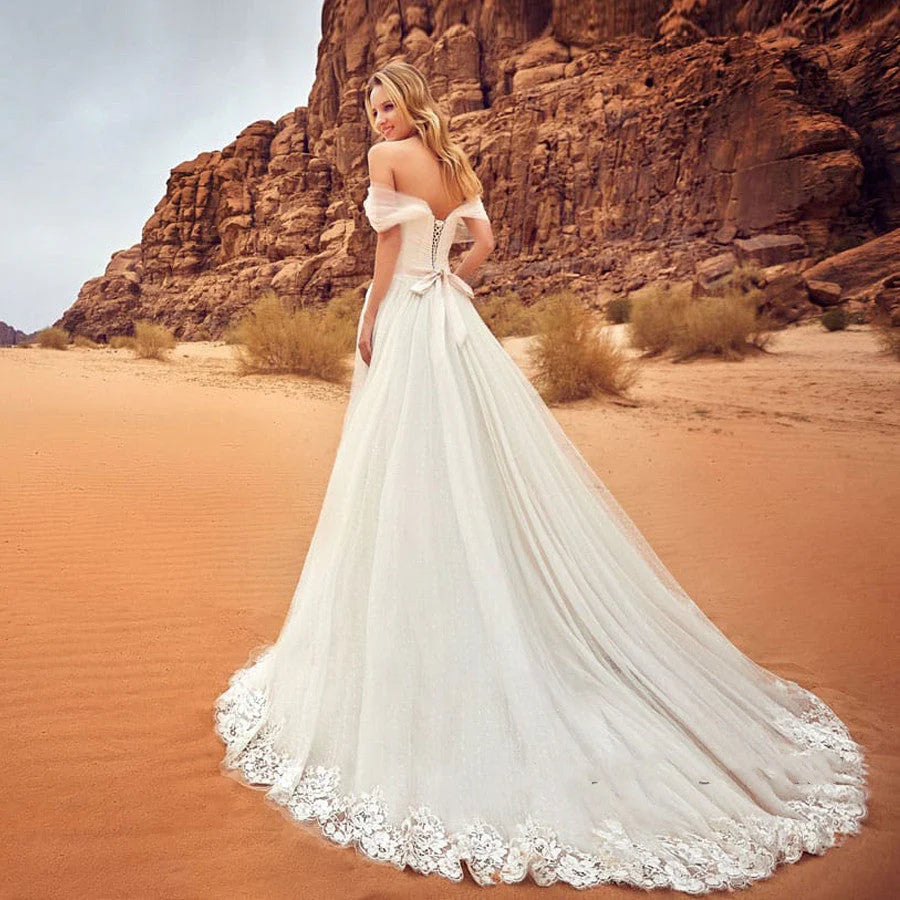 Off The Shoulder Long Elegant Ivory Lace Tulle Wedding Dresses Beach Wedding Dresses