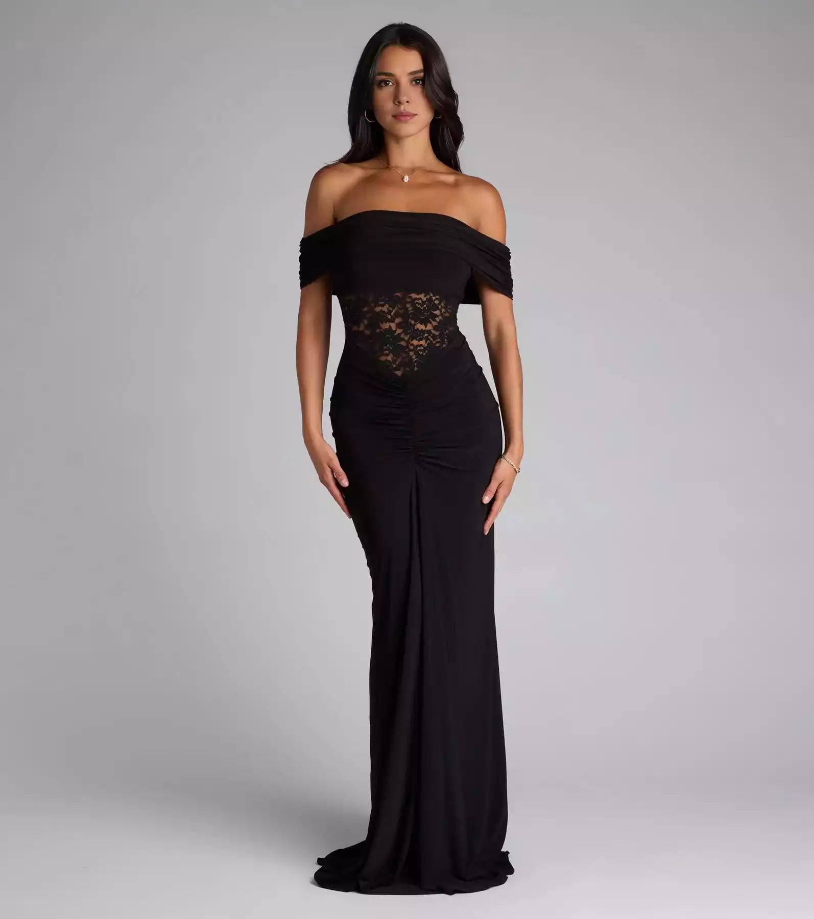 The eye-catching knitted elastic lining, off shoulder sheer lace corset, mermaid silhouette Prom Dresses
