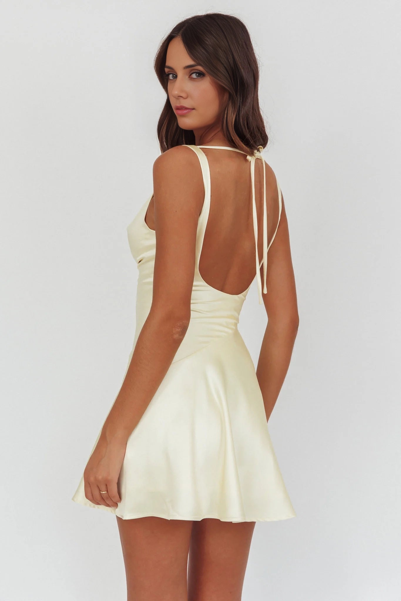 The eye-catching mini diagonal cut scarf collar with zip ties on the side Homecoming Dresses