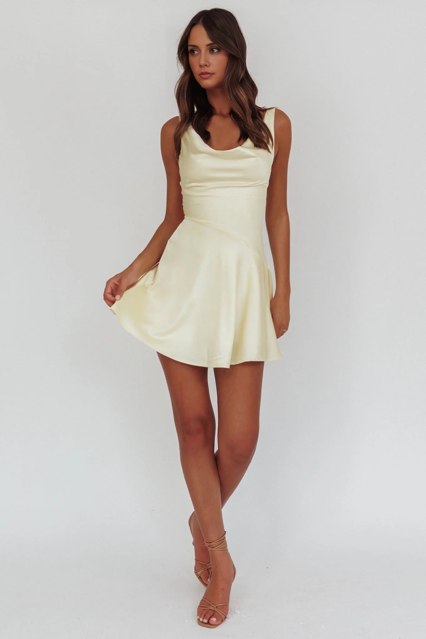 The eye-catching mini diagonal cut scarf collar with zip ties on the side Homecoming Dresses