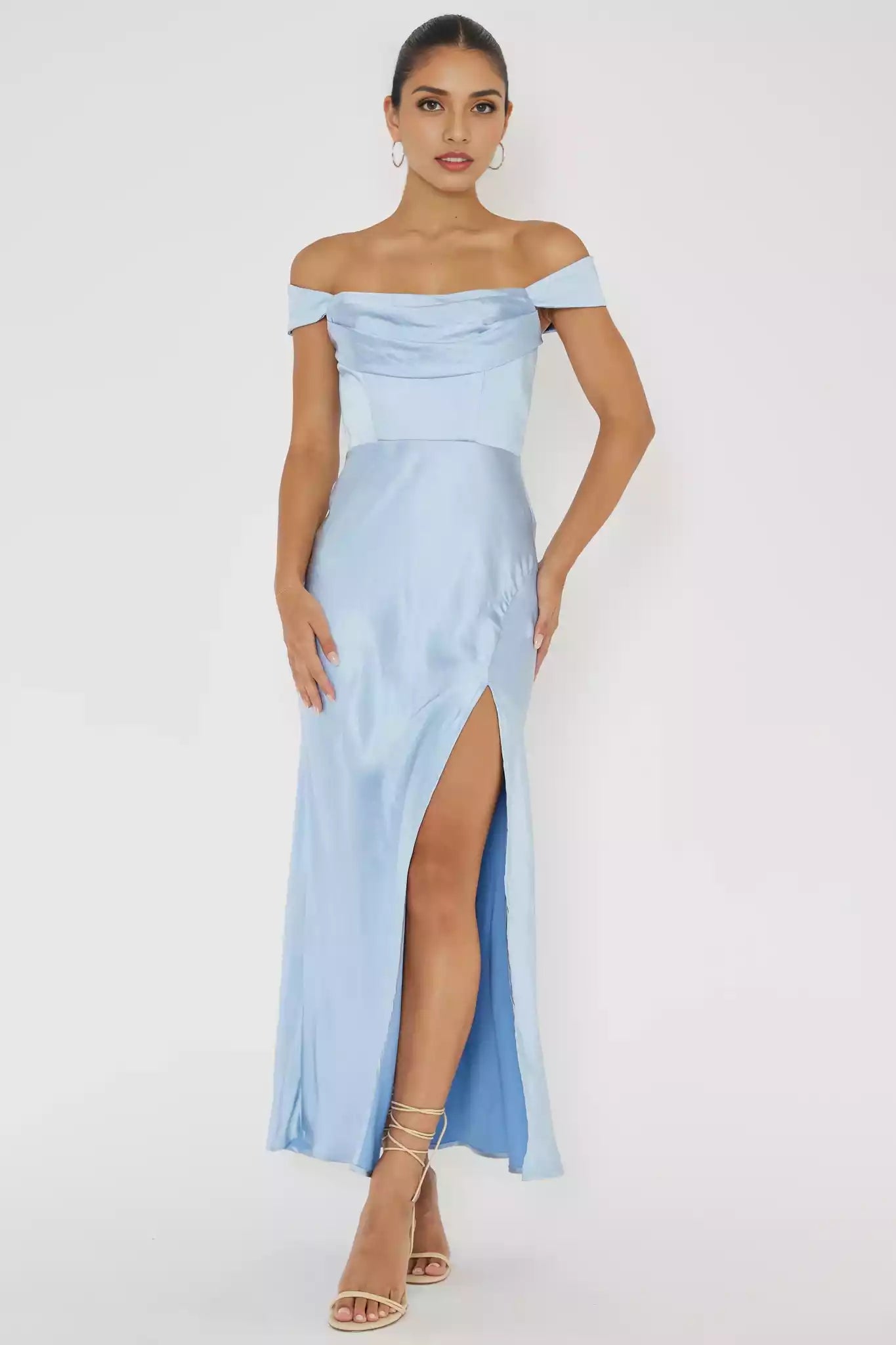 The eye-catching off shoulder low V-neck satin fabric with an extra long front slit and a hidden zipper on the back Prom Dresses