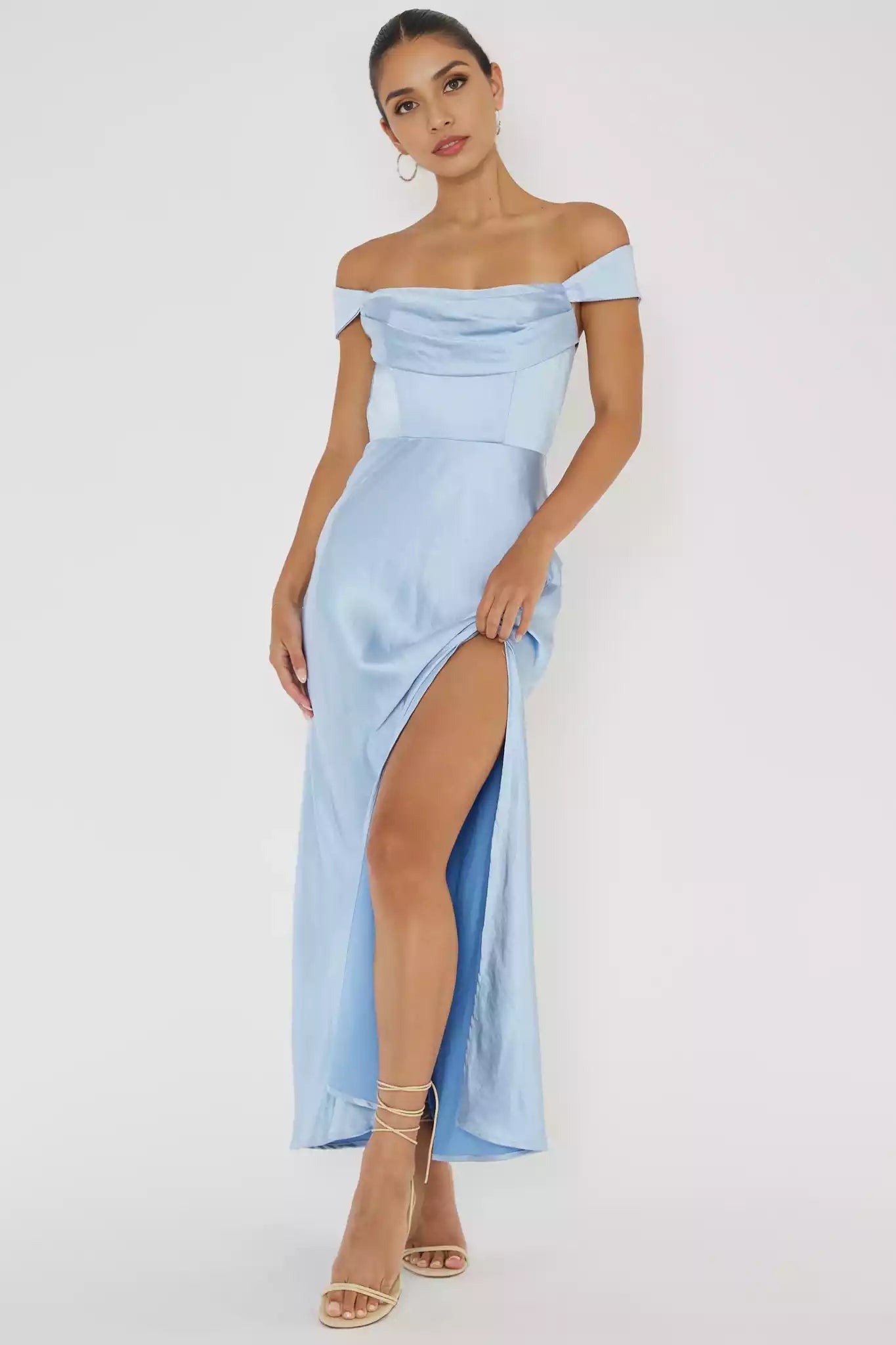 The eye-catching off shoulder low V-neck satin fabric with an extra long front slit and a hidden zipper on the back Prom Dresses