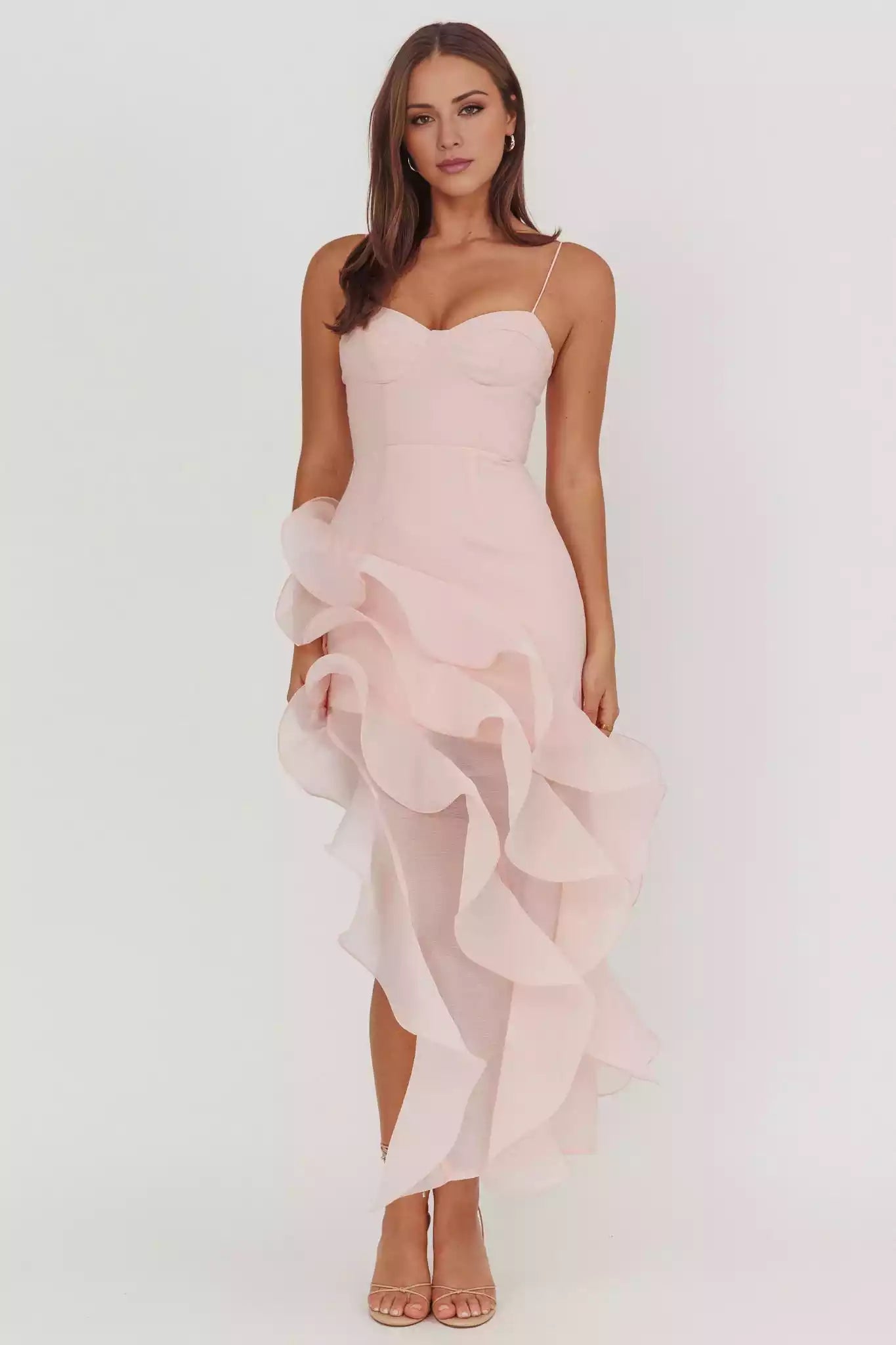 The eye-catching ruffled asymmetrical hem with adjustable suspender lining and back zipper Prom Dresses
