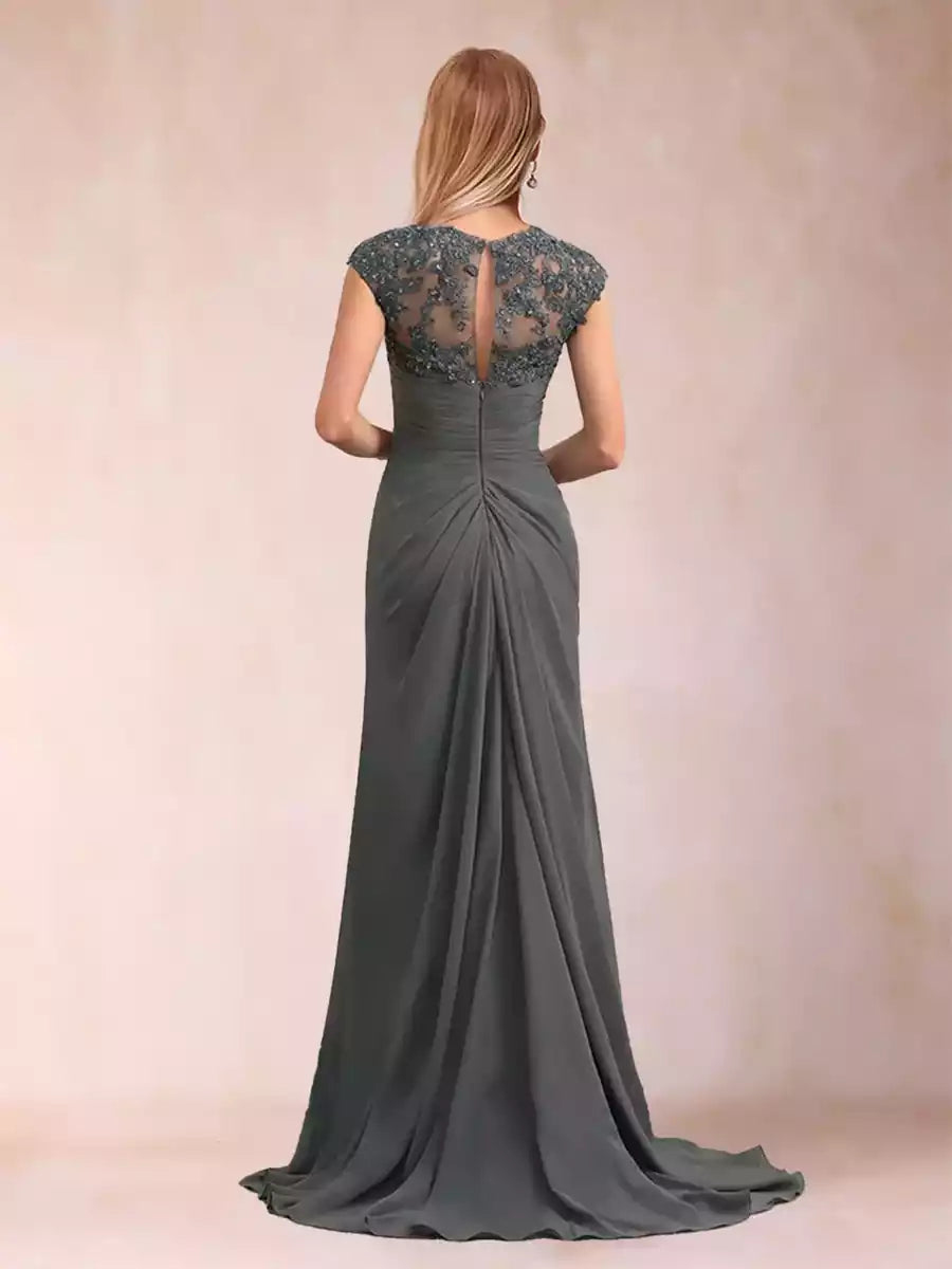 The eye-catching slim fit/straight tube chiffon V-neck sleeveless applique long style exudes an elegant temperament Mother of the Bride Dresses