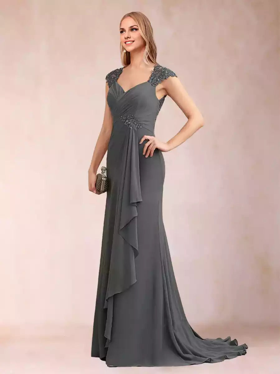 The eye-catching slim fit/straight tube chiffon V-neck sleeveless applique long style exudes an elegant temperament Mother of the Bride Dresses