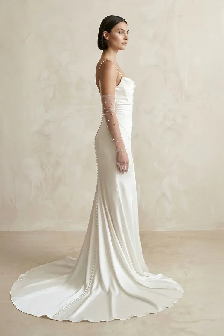 Thin Strap Cowl Neck Satin Mermaid Wedding Dress with Sheer Gloves