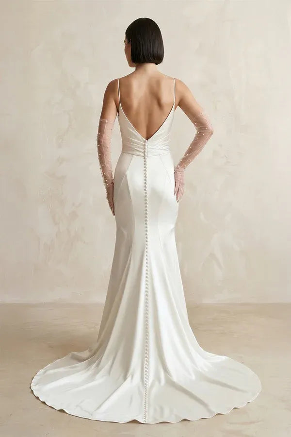 Thin Strap Cowl Neck Satin Mermaid Wedding Dress with Sheer Gloves