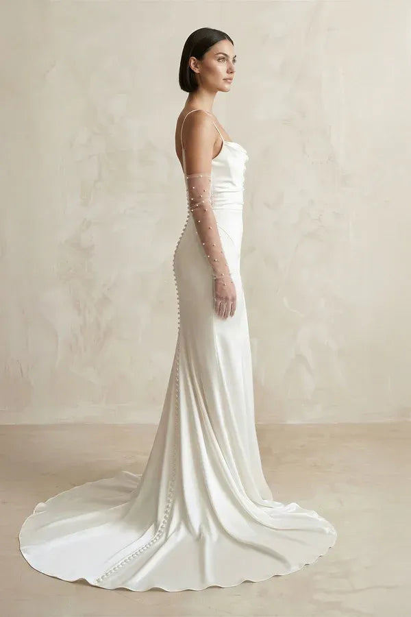 Thin Strap Cowl Neck Satin Mermaid Wedding Dress with Sheer Gloves