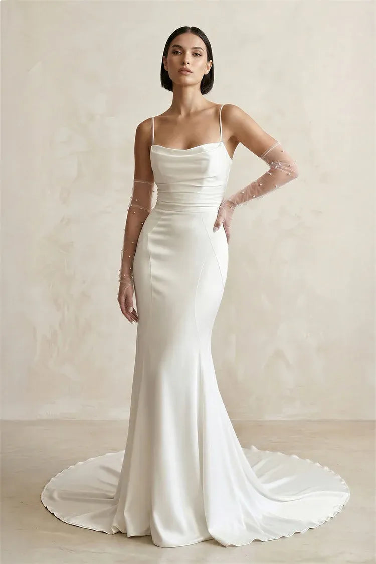 Thin Strap Cowl Neck Satin Mermaid Wedding Dress with Sheer Gloves