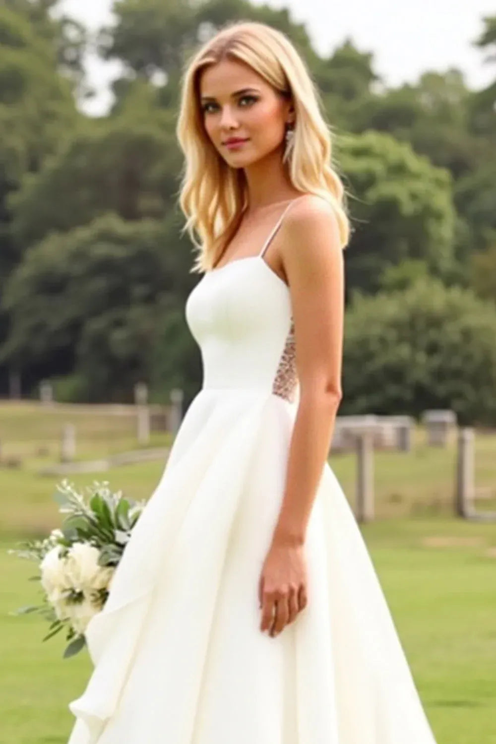 Thin Strap Square Neck Chiffon Wedding Dress with Ruffled Skirt
