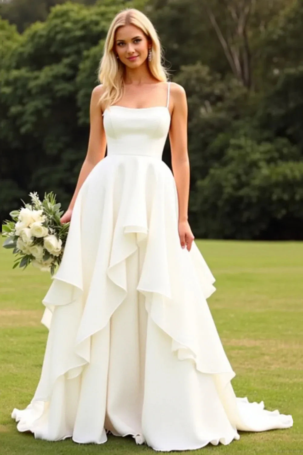 Thin Strap Square Neck Chiffon Wedding Dress with Ruffled Skirt