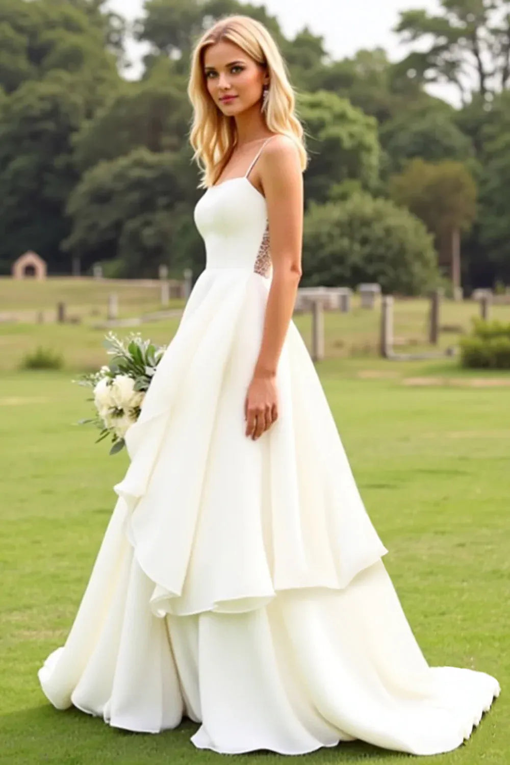 Thin Strap Square Neck Chiffon Wedding Dress with Ruffled Skirt