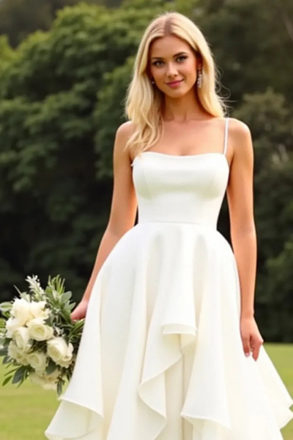 Thin Strap Square Neck Chiffon Wedding Dress with Ruffled Skirt