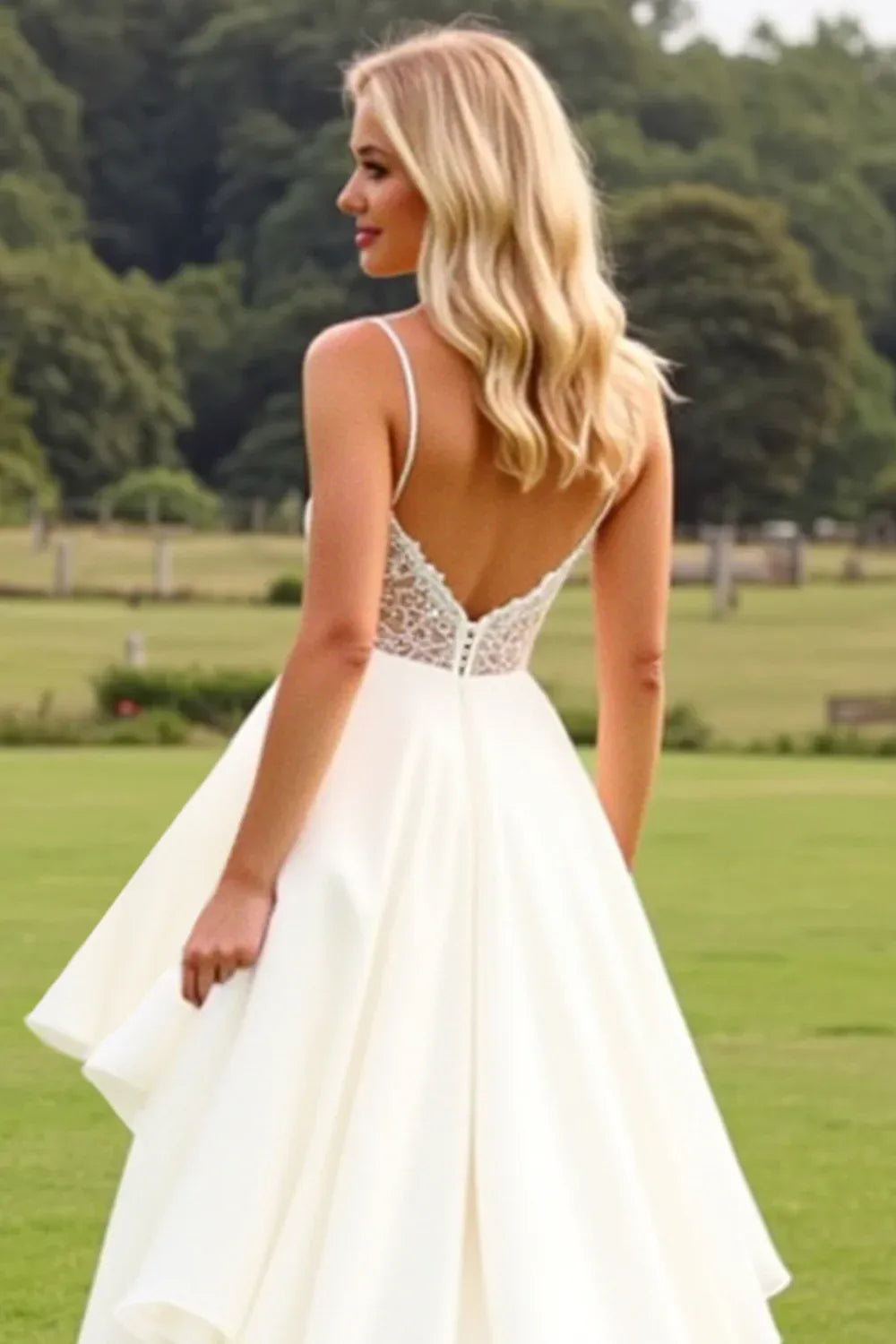 Thin Strap Square Neck Chiffon Wedding Dress with Ruffled Skirt