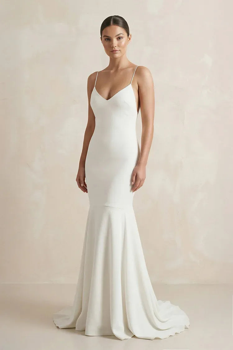 Thin Strap V-Neck Crepe Mermaid Wedding Dress with  V-neckline with thin spaghetti straps