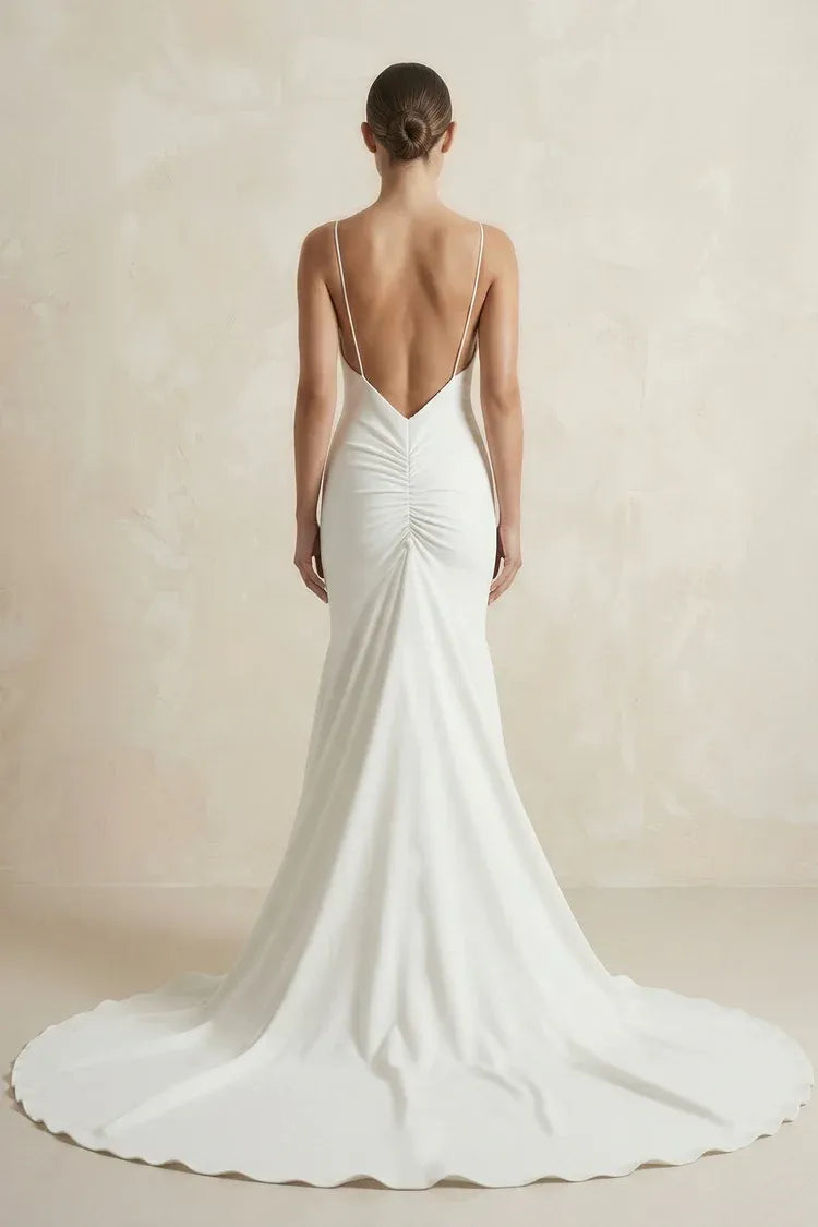 Thin Strap V-Neck Crepe Mermaid Wedding Dress with  V-neckline with thin spaghetti straps
