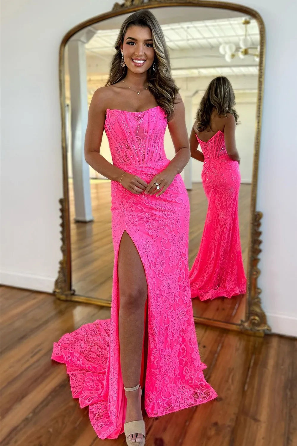 Mermaid Strapless Sweep Train Glitter Prom Dress With Slit