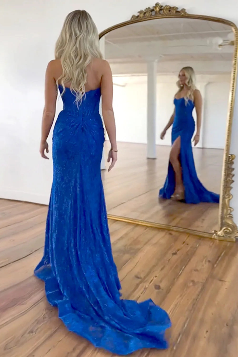 Mermaid Strapless Sweep Train Glitter Prom Dress With Slit