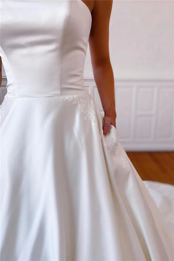 A-Line Strapless Satin Sweep Train Lace Appliques Wedding Dresses